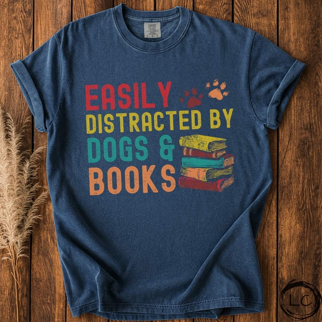 Retro Easily Distracted by Dogs & Books T-Shirt