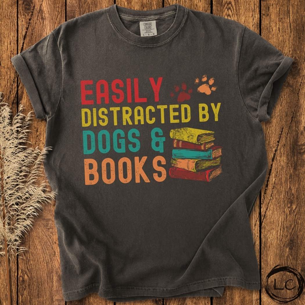 Retro Easily Distracted by Dogs & Books T-Shirt