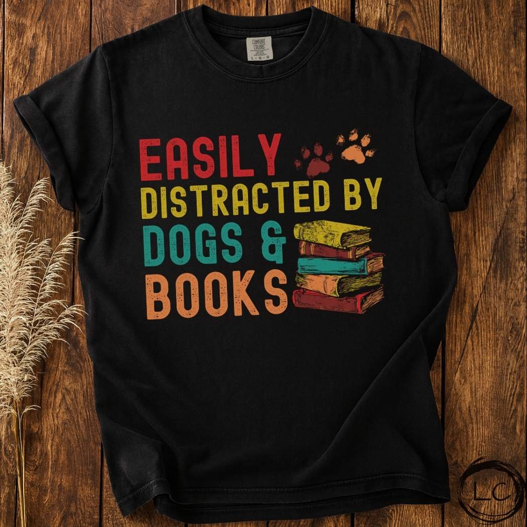 Retro Easily Distracted by Dogs & Books T-Shirt