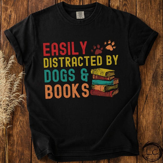 Retro Easily Distracted by Dogs & Books T-Shirt
