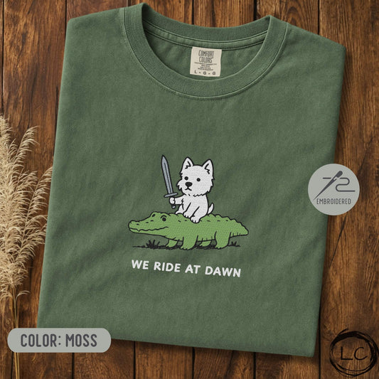 Embroidered Westie We Ride At Dawn T-Shirt